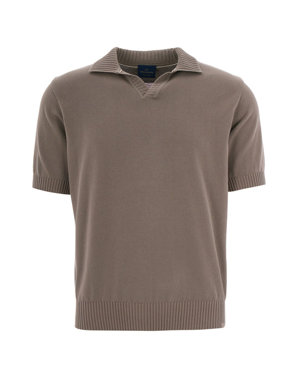 Polo Shirt Open Collar Brown Outside: Cotton