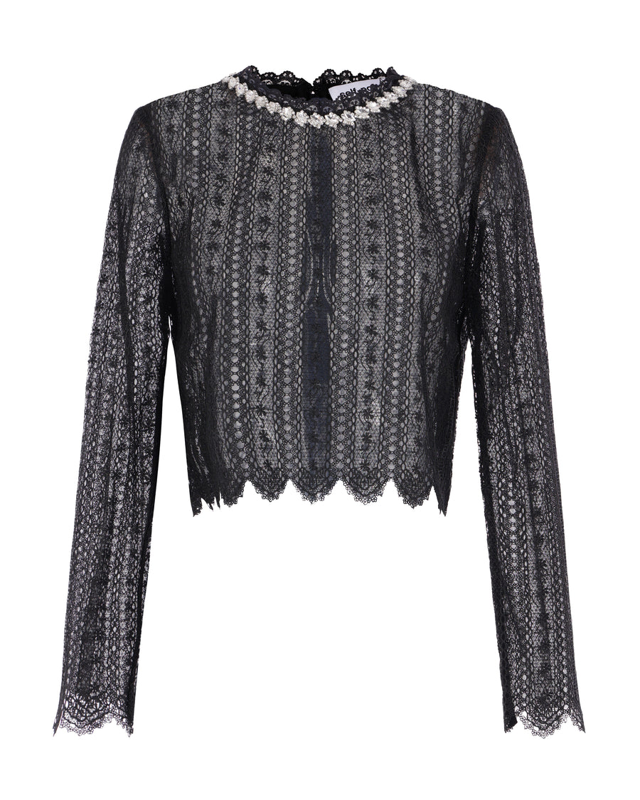 Top Black Lace With Crystals Polyester Tops