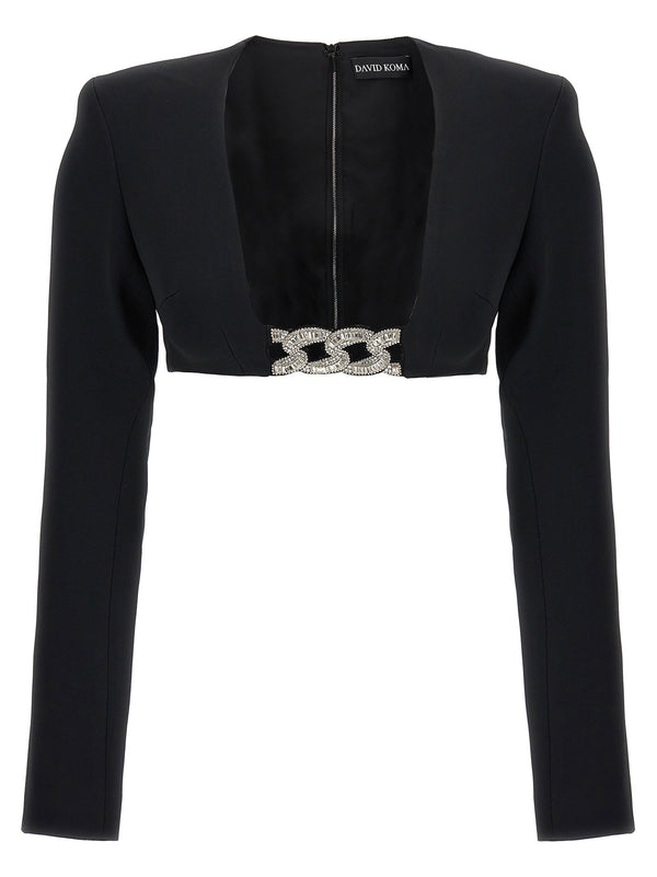 David Koma Crystal Chain and Square Neck Top — Black
