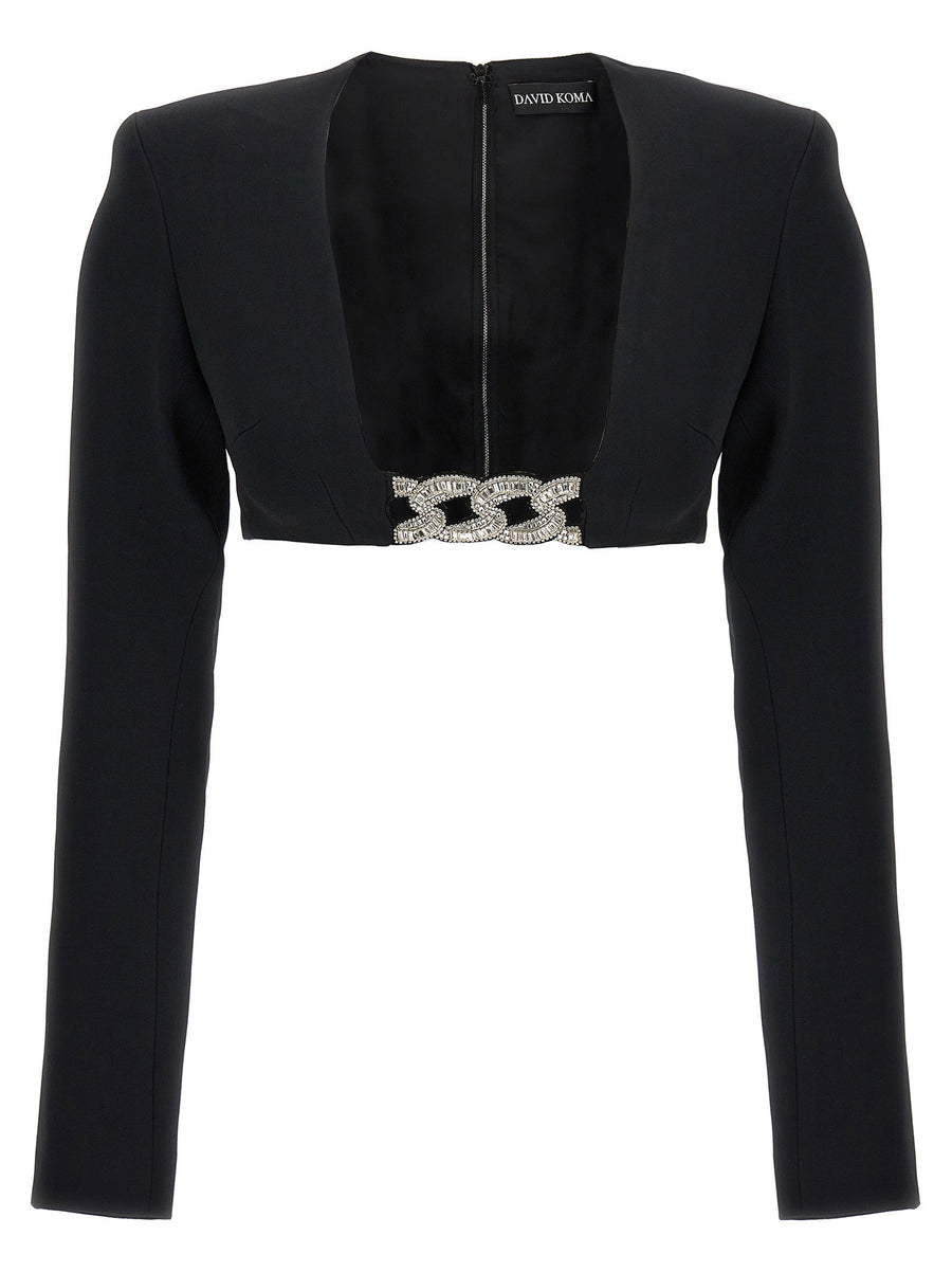 David Koma Crystal Chain and Square Neck Top — Black
