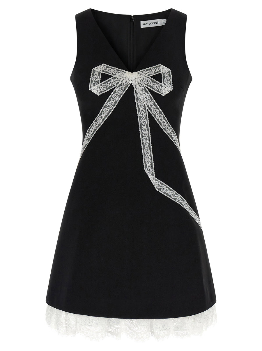 Self-Portrait Crêpe Bow with Lace Flounce Dress — Black