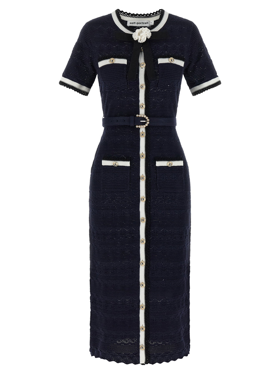 Self-Portrait Pointelle Knit Midi Dress — Navy