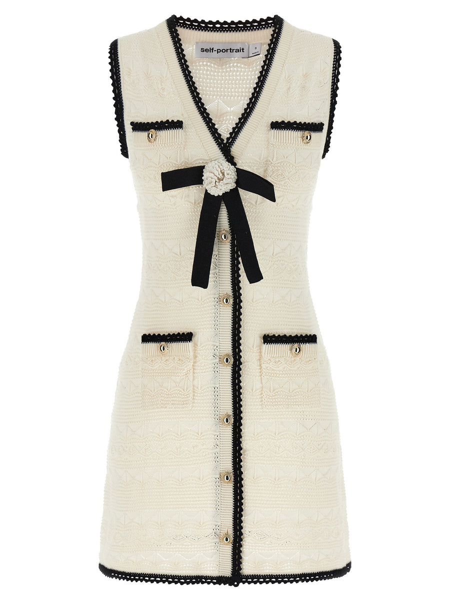 Self-Portrait Pointelle Knit with Contrast Trim Mini Dress — White