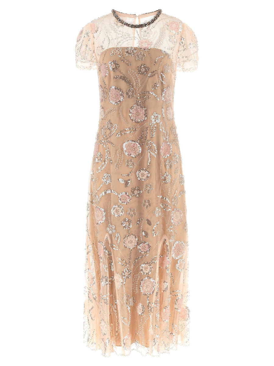 Self-Portrait Sequin Floral Embellished Tulle Dress — Blush