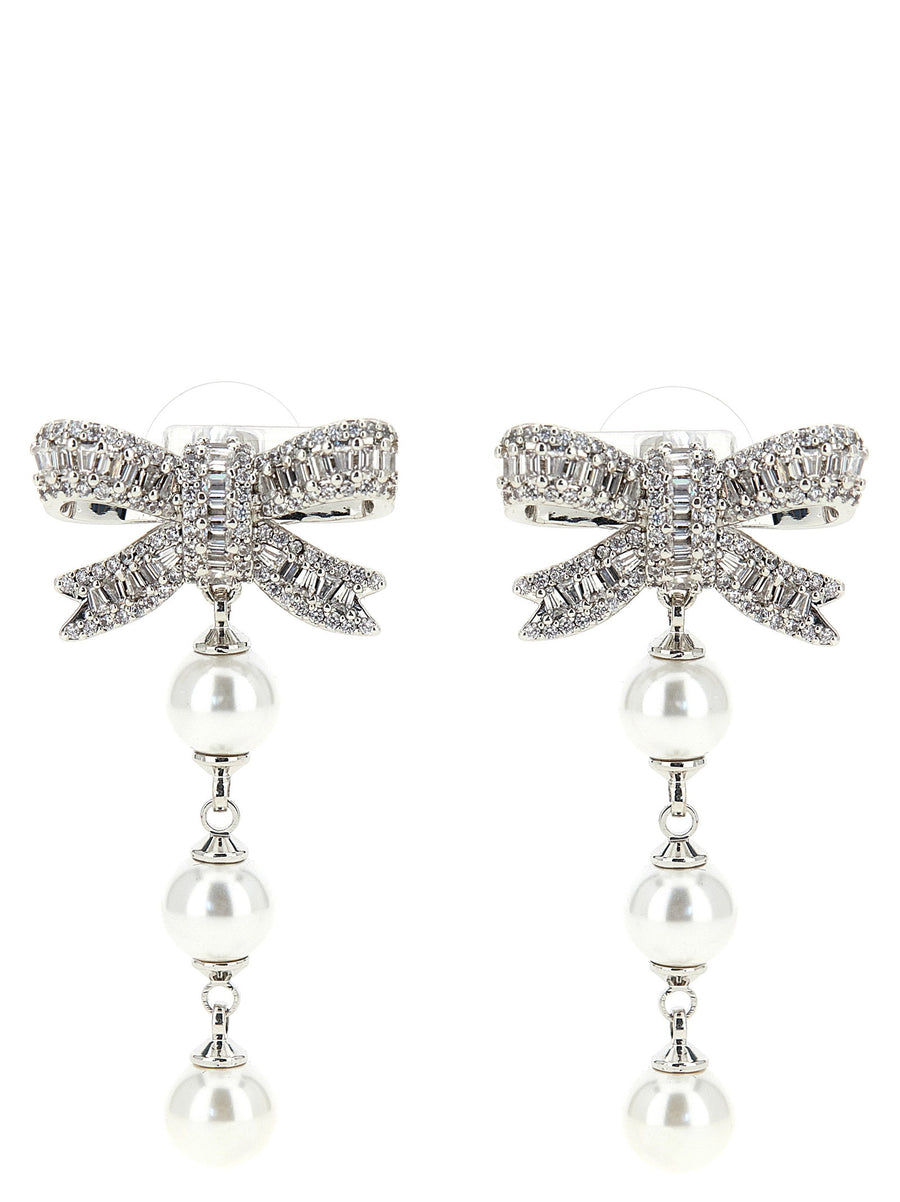أقراط Self-Portrait كريستال بتصميم قطرات اللؤلؤ والفيونكة أقراط — فضي