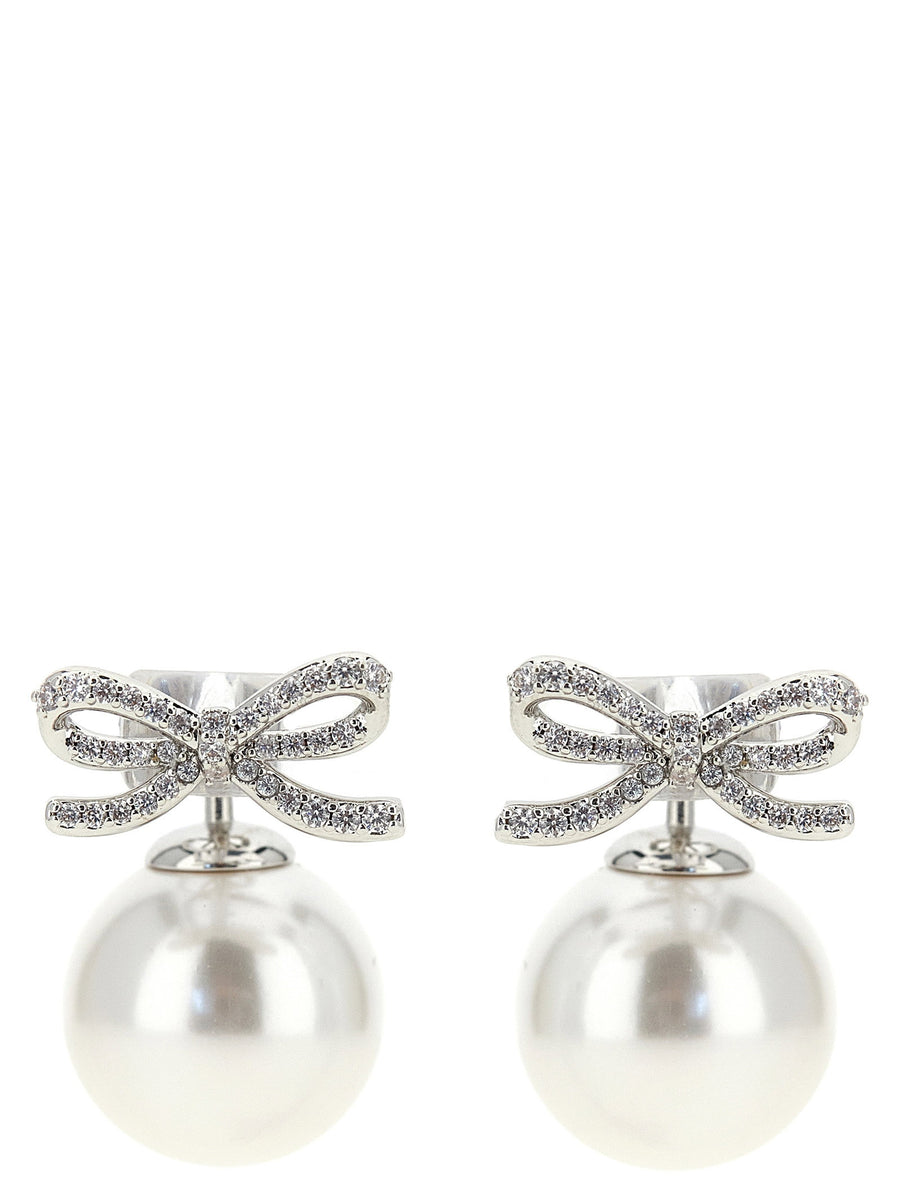 Self-Portrait Crystal Bow Pearl Earrings — Silver