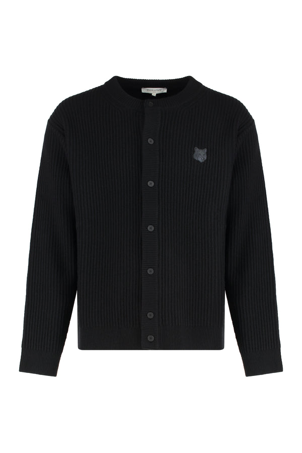 Ribbed Wool Cardigan With Fox Head Patch Black Cardigans