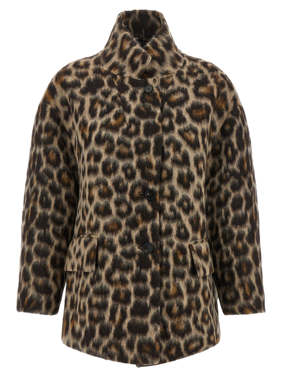 Alberto Biani Leopard-Print Jacquard Wool Blend Coat — Beige