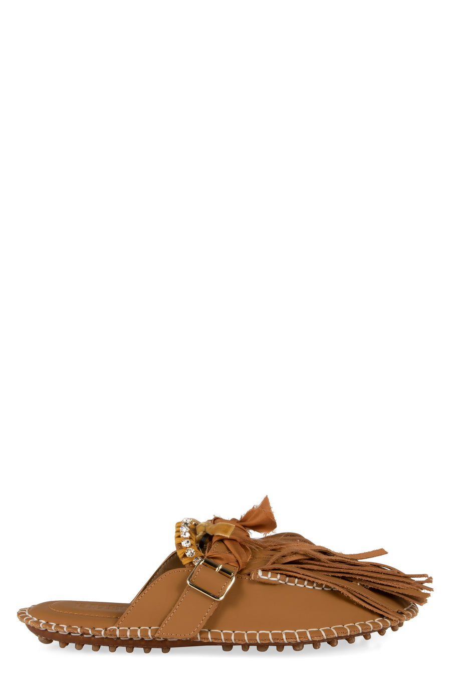 Puli Leather Mules Saddle Brown Crystal Slippers