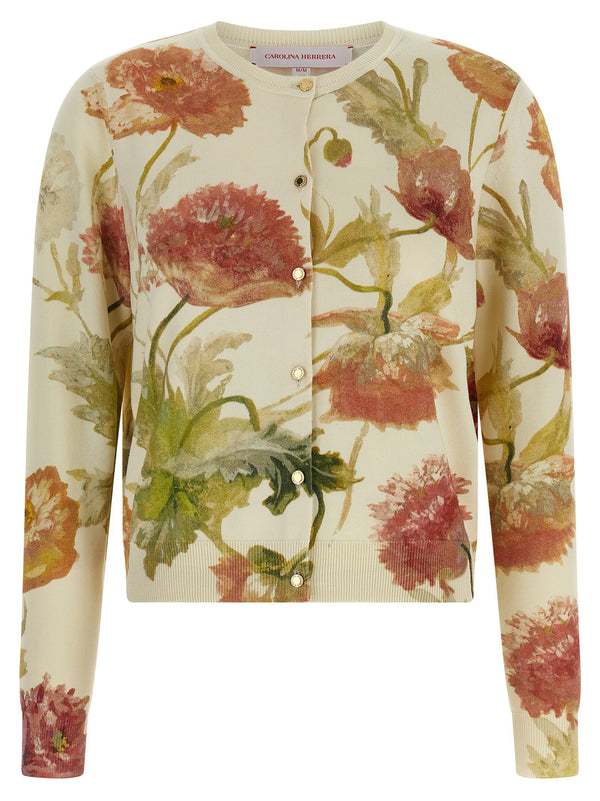Carolina Herrera Floral-Print Cotton-Silk Cardigan — Cream