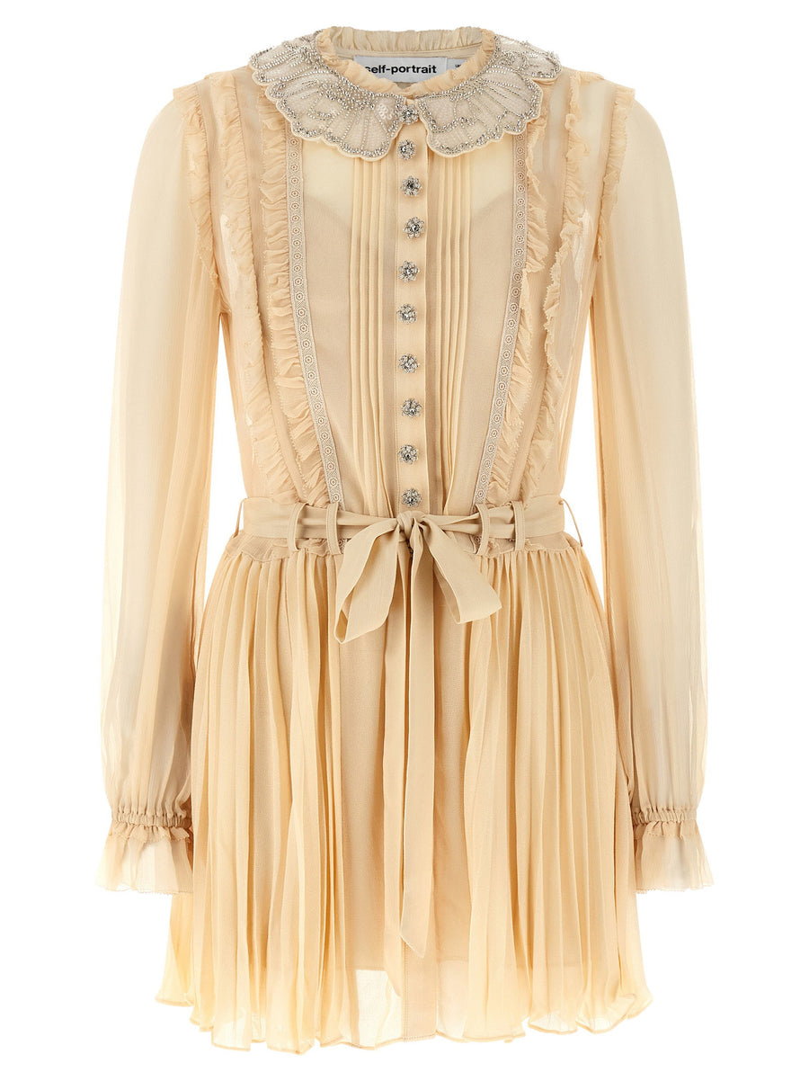 Self-Portrait Pleated Georgette with Peter Pan Collar Dress — Cream
