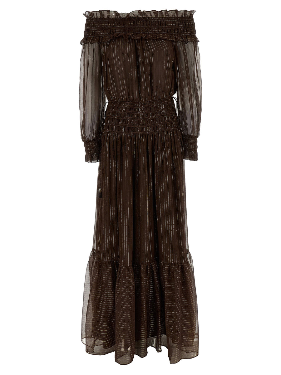 Self-Portrait Off-Shoulder Georgette with Lamé Dress — Brown