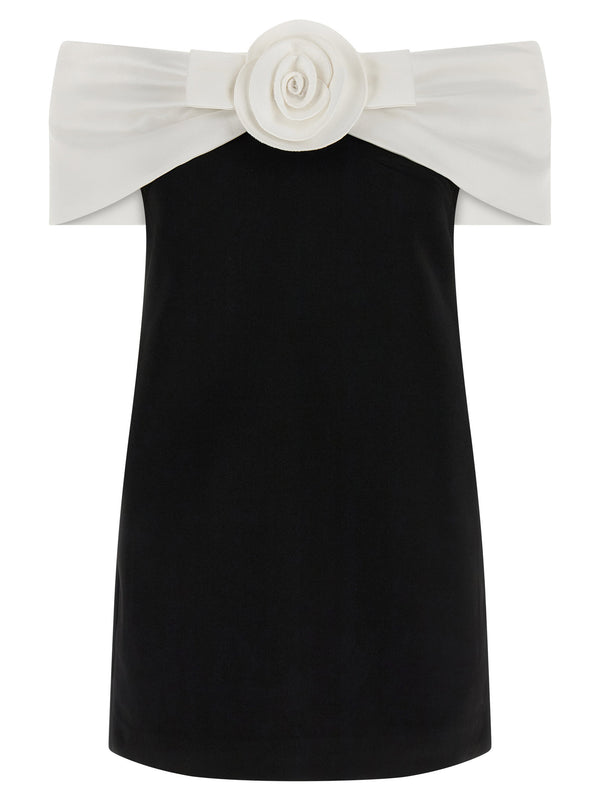 Self-Portrait Sculptural Flower-Appliqué Off-Shoulder Dress — Black