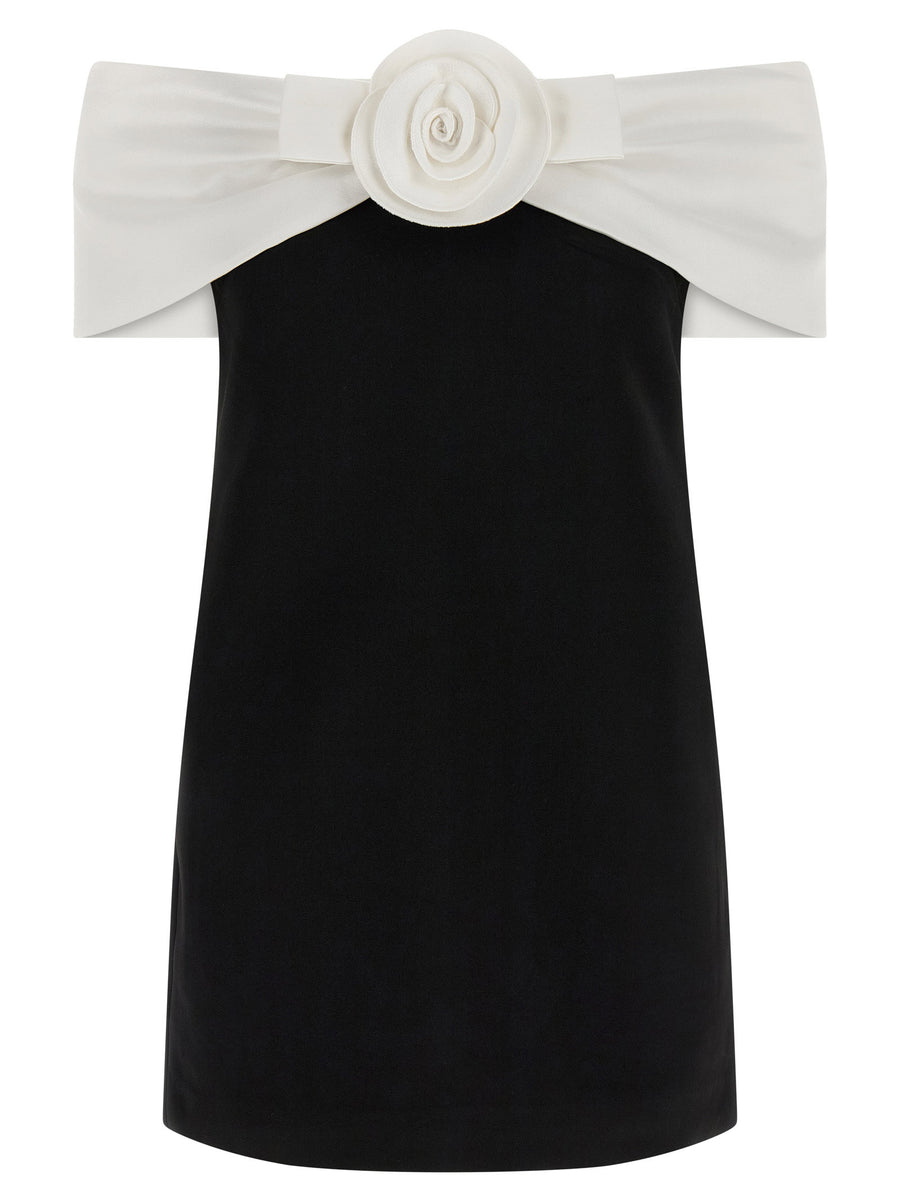 Self-Portrait Sculptural Flower-Appliqué Off-Shoulder Dress — Black
