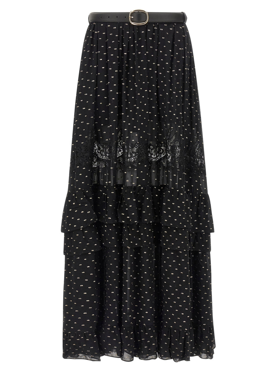 Self-Portrait Metallic Fil Coupé Lace Skirt — Black