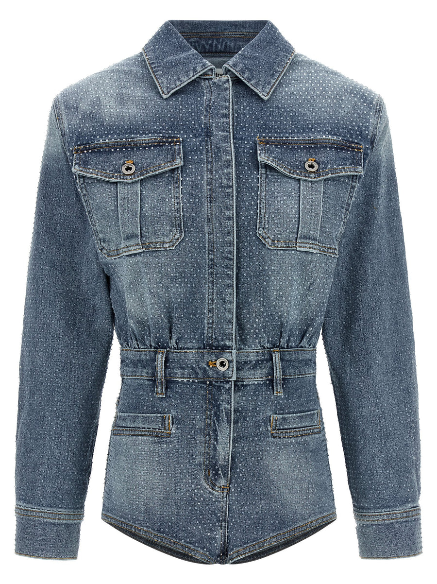Self-Portrait Rhinestone Denim Jumpsuit — Blue
