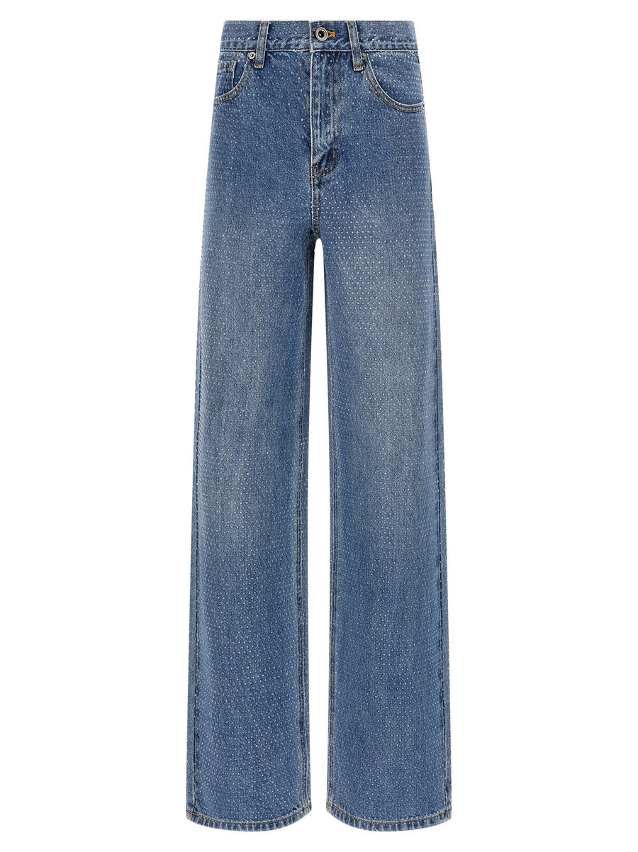 Self-Portrait Rhinestone-Embellished Straight-Leg Jeans — Blue