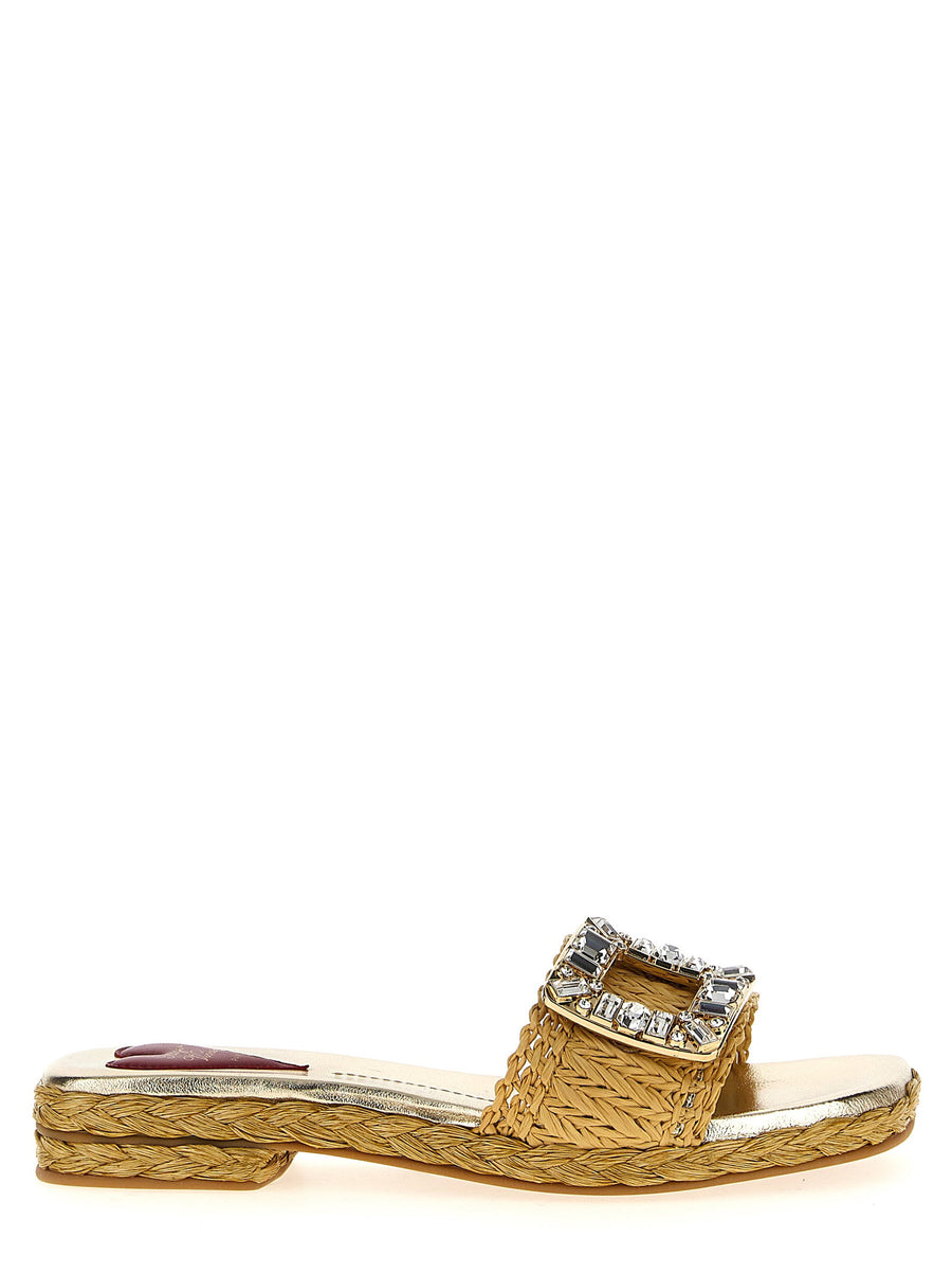 Roger Vivier Raffia with Jewel Buckle Sandals — Gold