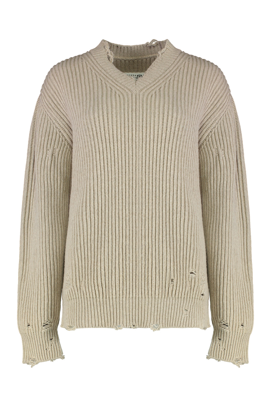 Wool Blend Sweater With Distressed Details Beige