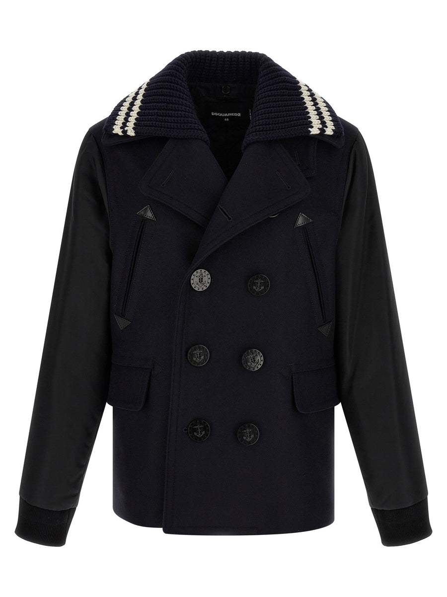 Dsquared2 Hybrid Wool Peacoat Coat — Black