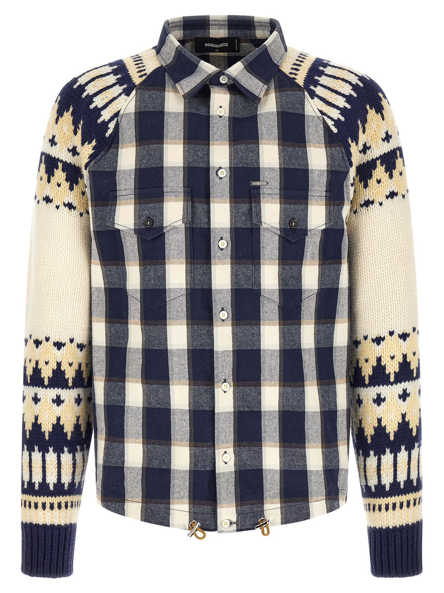 Dsquared2 Check Flannel with Nordic Jacquard Sleeves Overshirt — Navy