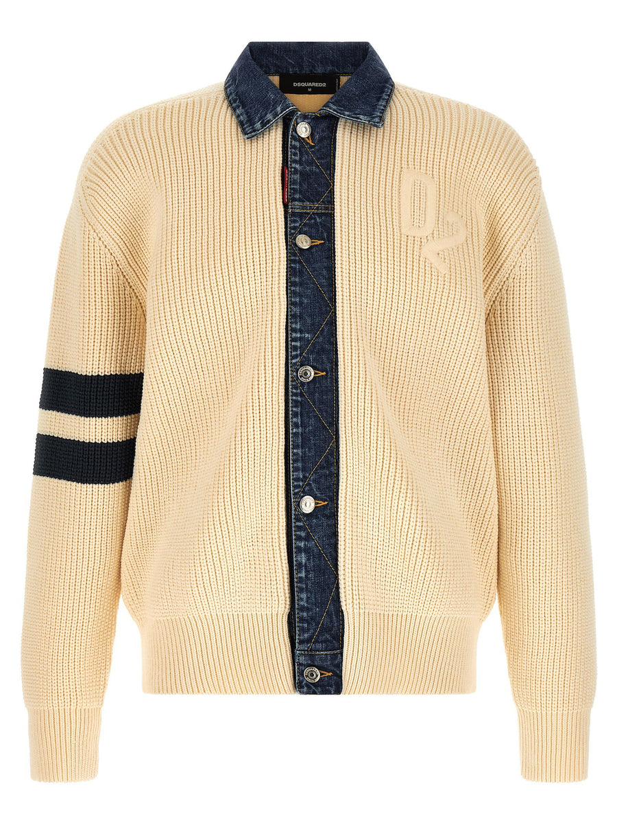 Dsquared2 Denim Mix Cotton-Blend Knit Cardigan — Cream