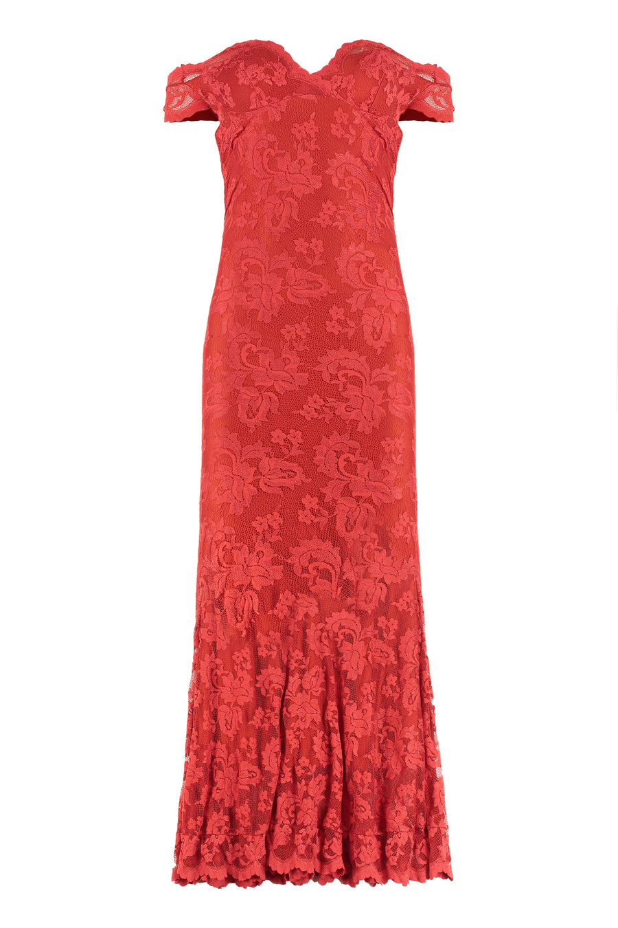 Red Lace Heart-Neck Long Dress Polyamide; Viscose; Elastane