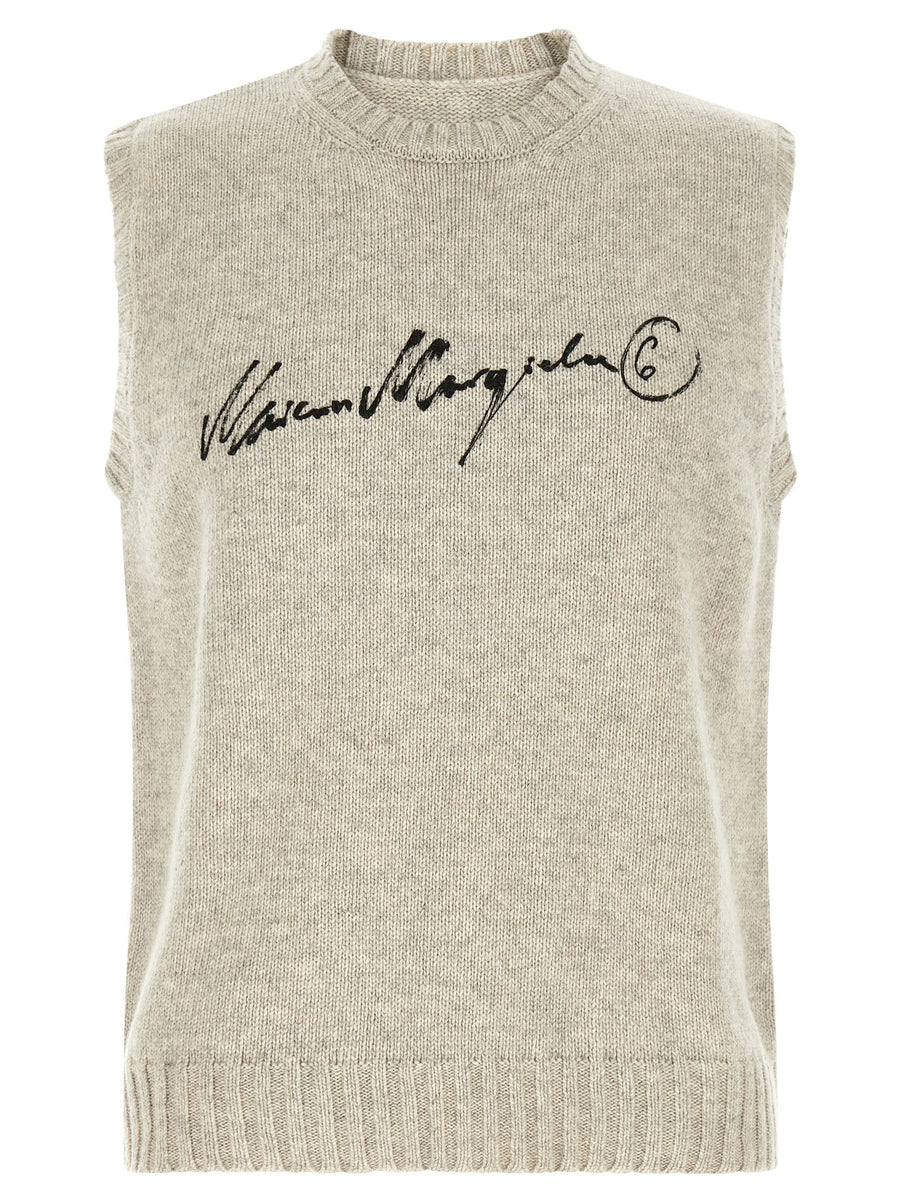 Mm6 Maison Margiela Logo-Embroidered Wool Blend Vest — Beige