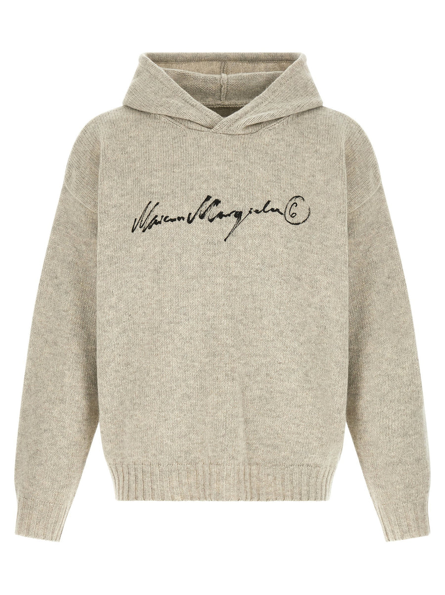 Mm6 Maison Margiela Brushstroke Logo-Print Wool Blend Hoodie — Beige