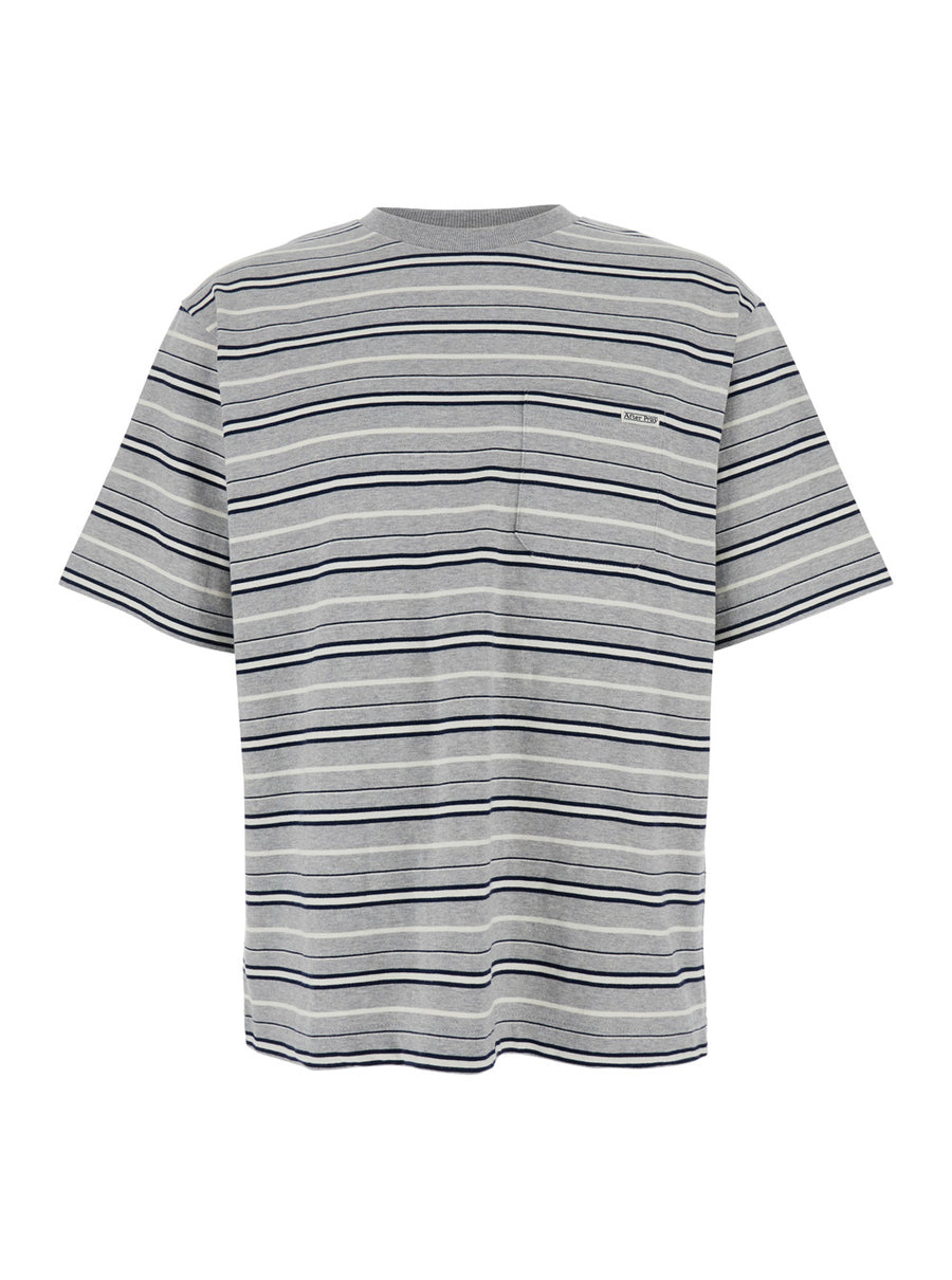 Grey Crewneck T-Shirt With Striped Motif Cotton T-shirts