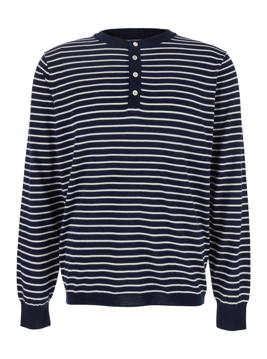Blue Crewneck T-Shirt With Striped Motif Cotton