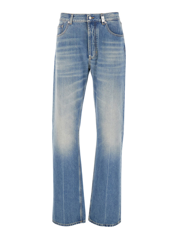 Blue High Waisted Jeans With Logo Details Cotton