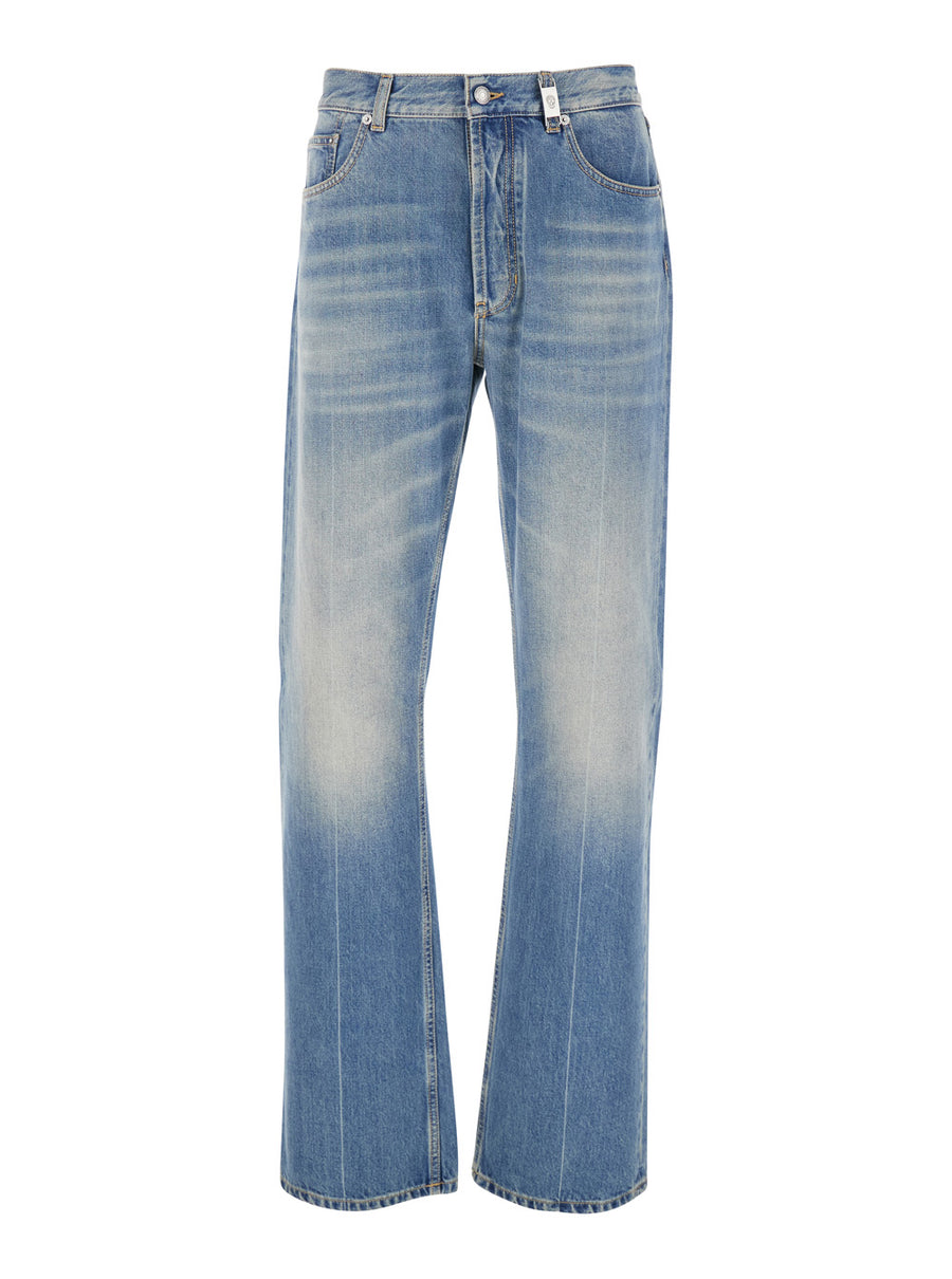 Blue High Waisted Jeans With Logo Details Cotton