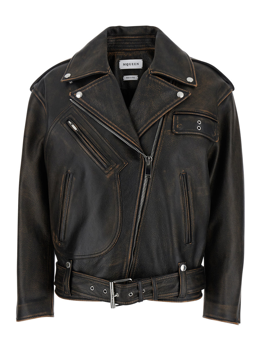 Antiqued Brown Biker Jacket With Wide Lapels Cow Coat