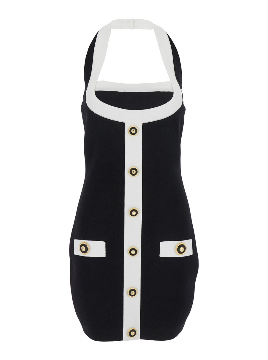 Black Dress With Square Neckline And Decorative Buttons Viscose