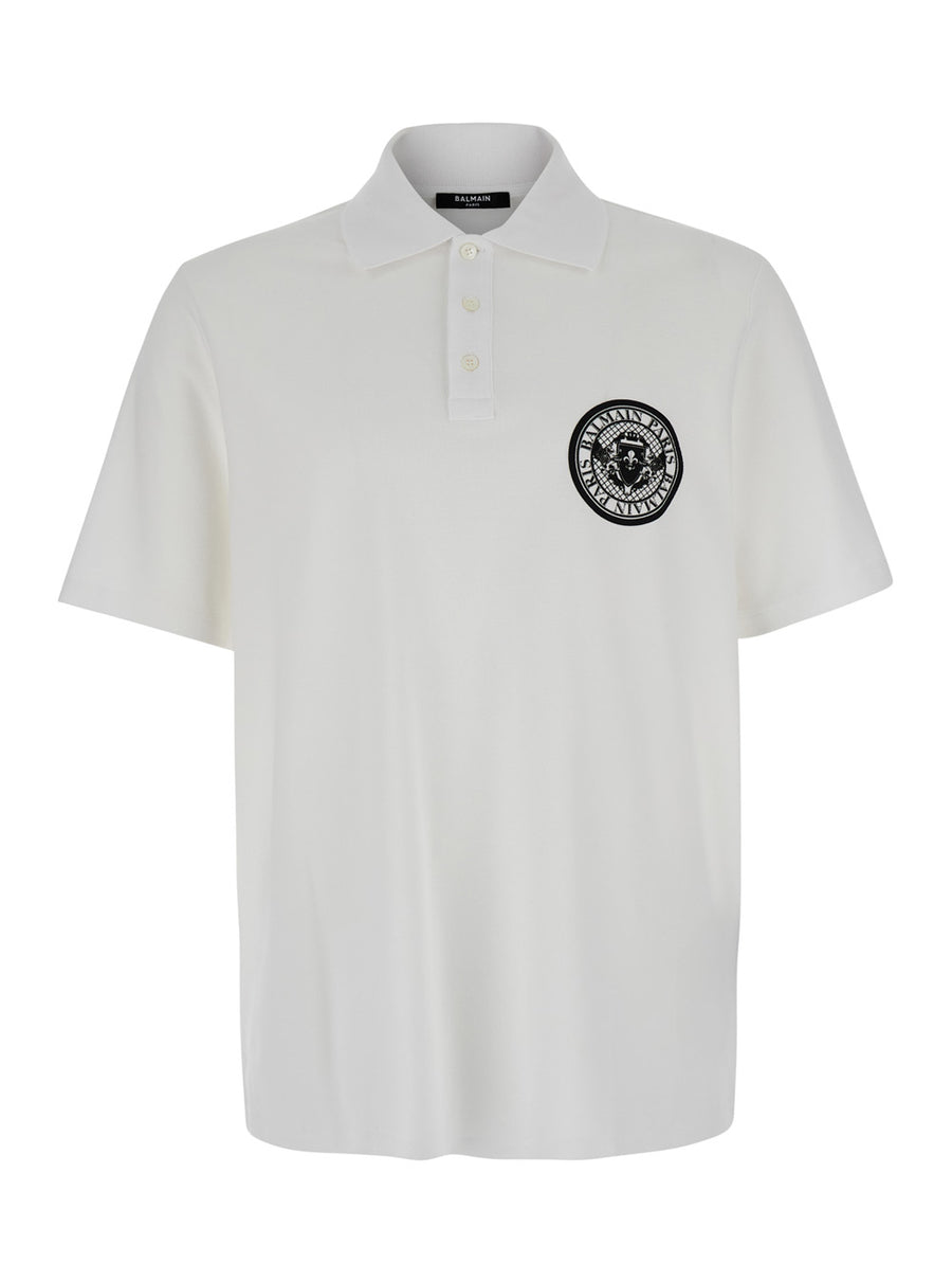 White Polo Shirt With Coin Print Cotton T-shirts