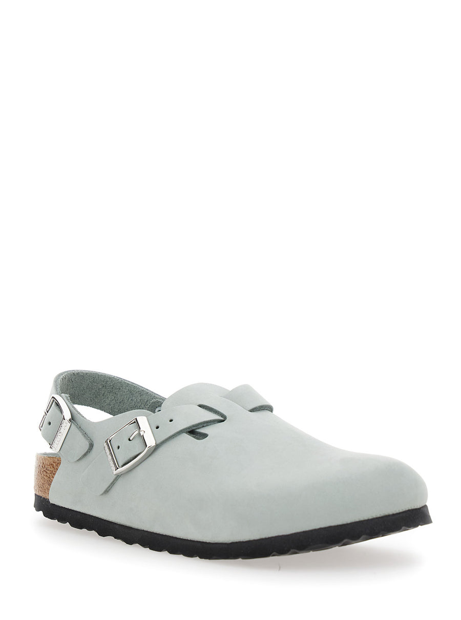 Light Blue Leather Mules With Buckles