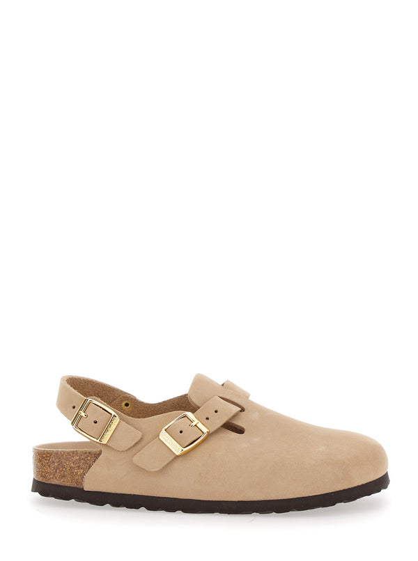 Beige Mule With Front And Back Buckle Leather