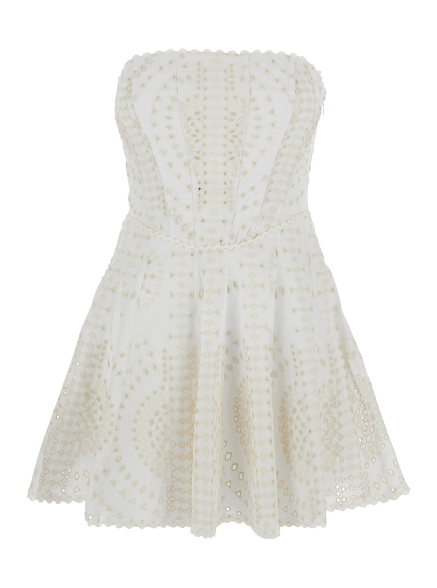 White Dress With Flounce Skirt And Embroidery Cotton