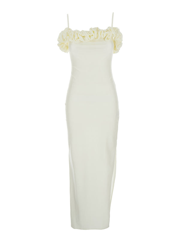 White Sleeveless Long Dress With Asymmetric Hem Polyamide