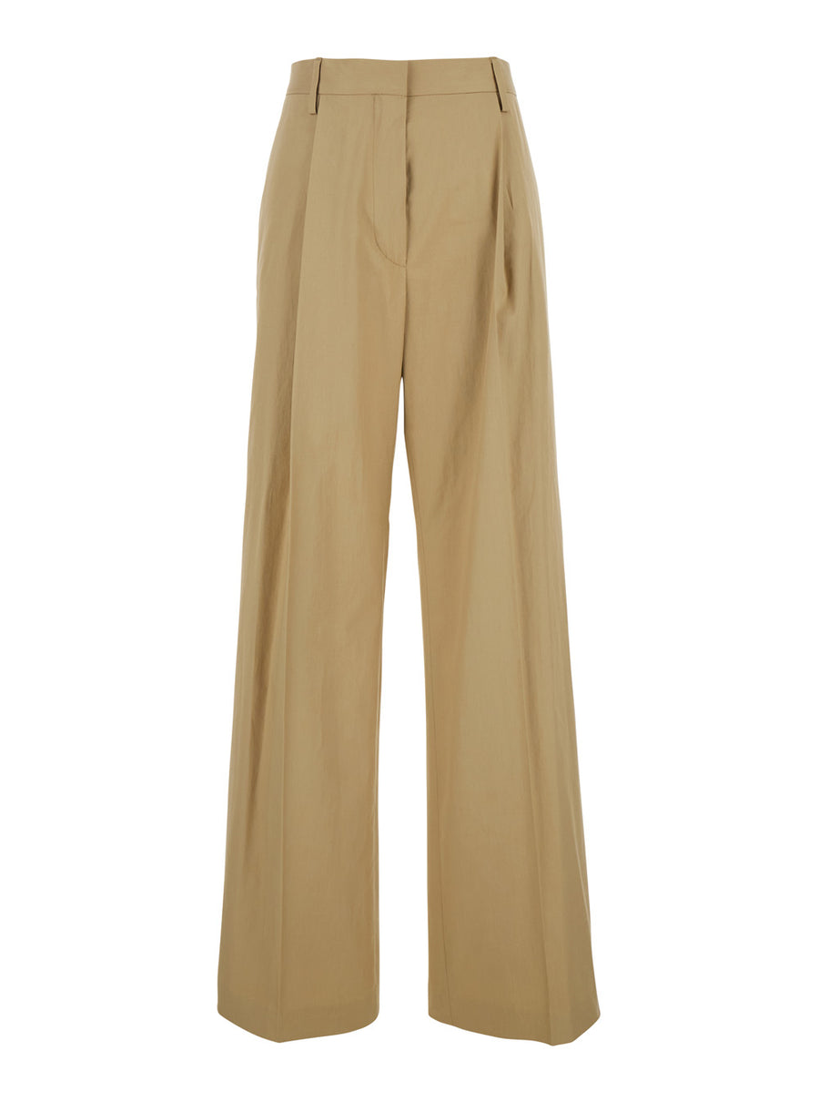 Beige Pants With Pleated Details Fabric Trousers