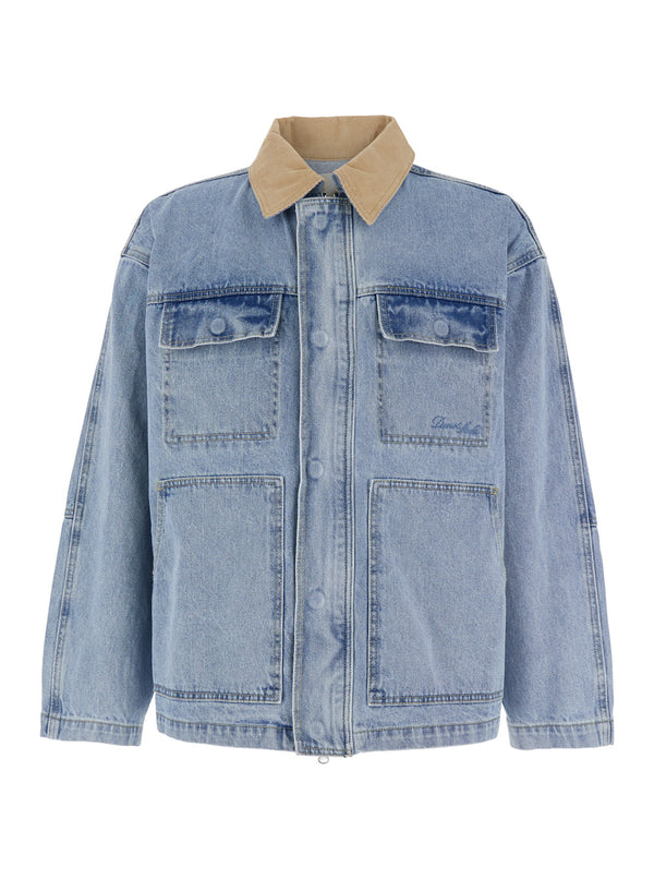 Light Blue Jacket With Contrast Collar Cotton Coat