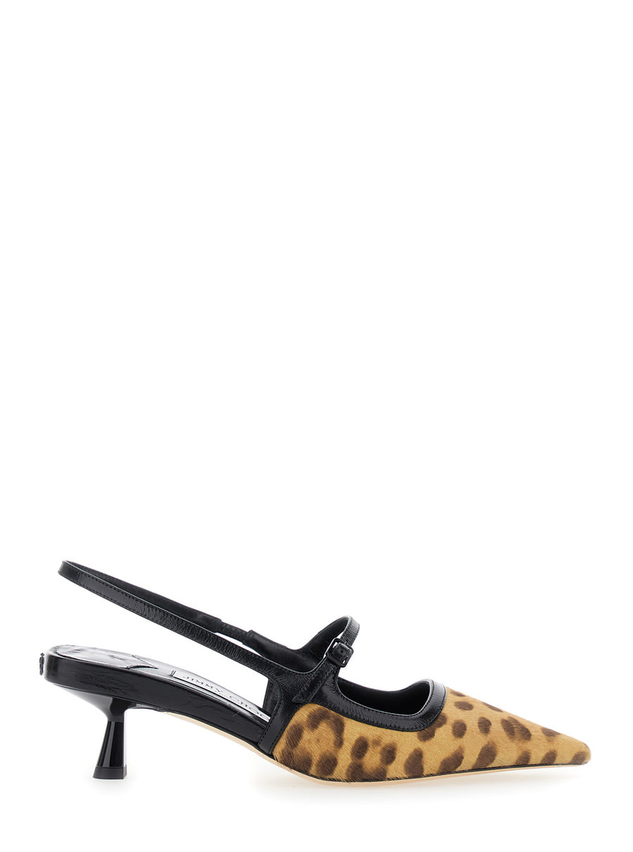 Brown Slingback Pumps With Leopard Motif Leather