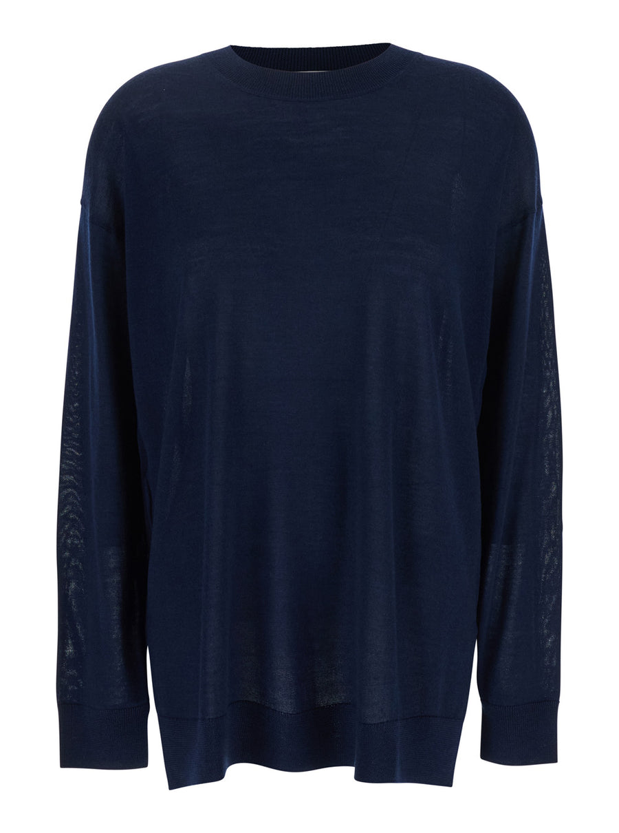 Blue Long-Sleeved Crewneck Sweater Wool Tops
