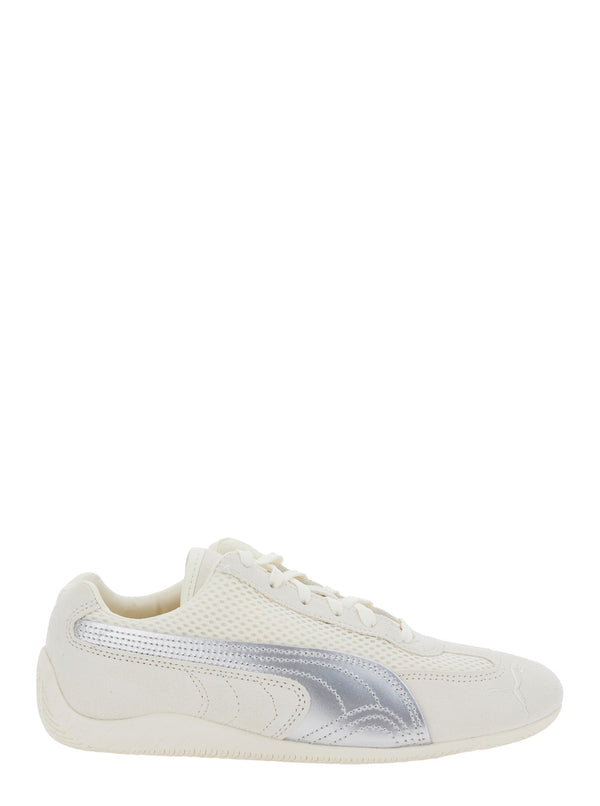 Beige Low Top Sneakers With Logo Patch Leather And Textile Trainers
