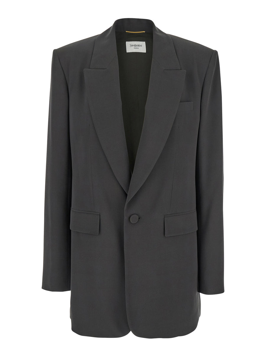 Grey Single-Breasted Silk Jacket Blazers