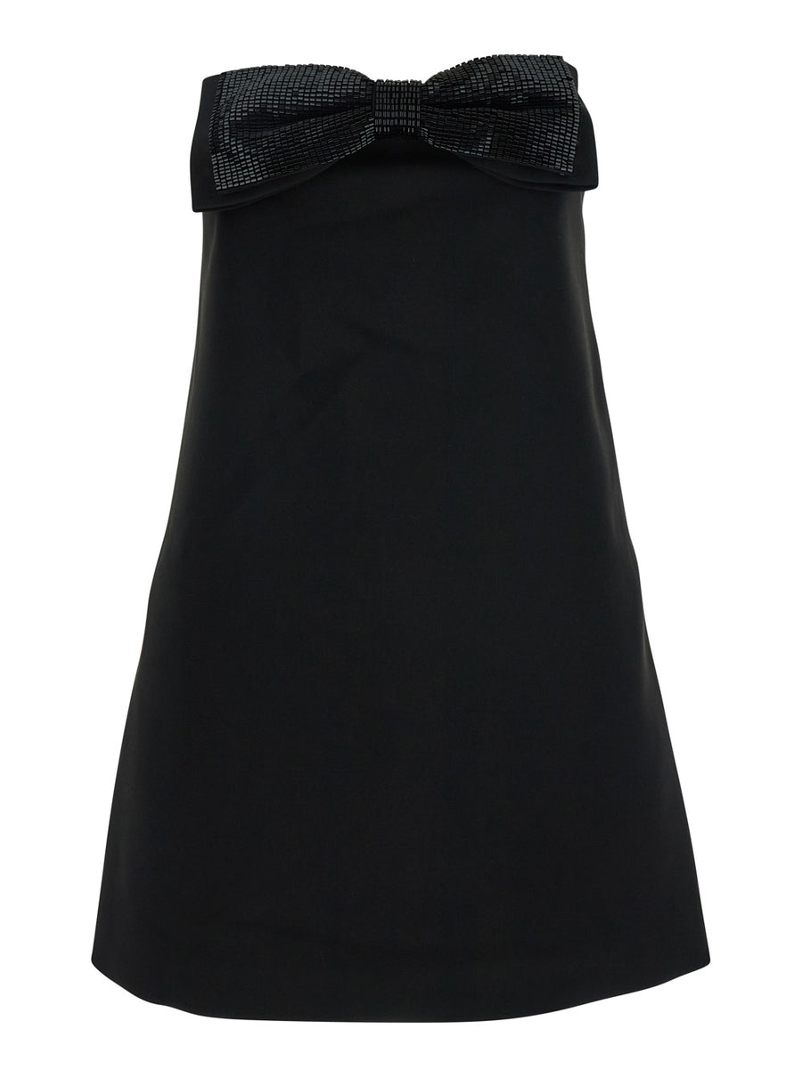 Black Sleeveless Mini Dress With Beaded Bow Tech Fabric