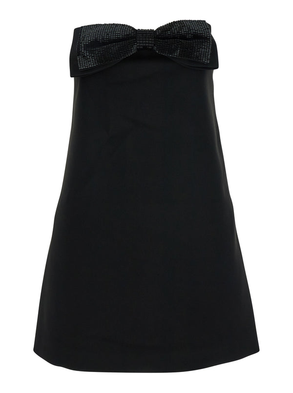 Black Sleeveless Mini Dress With Beaded Bow Tech Fabric