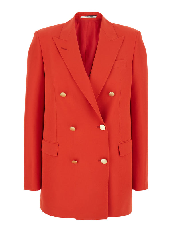 Red Double-Breasted Jacket With Classic Lapels Polyester Blazers