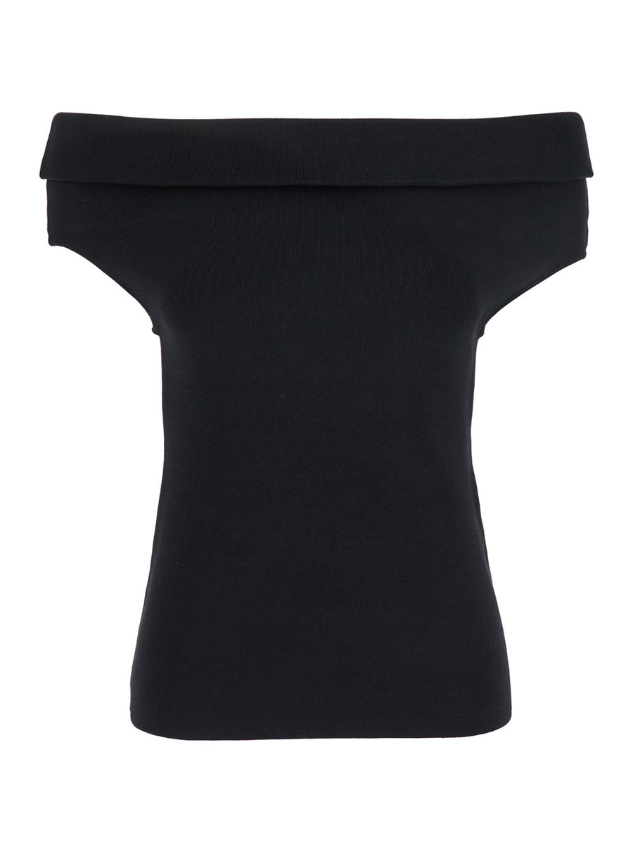 Black Off-Shoulder Double-Knit Top Viscose Tops